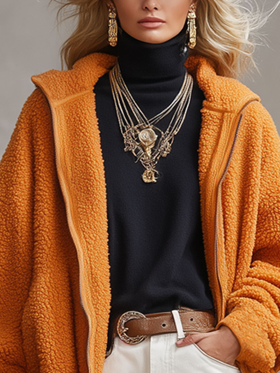 Veste Polaire Zippée à Capuche en Orange Éclatant