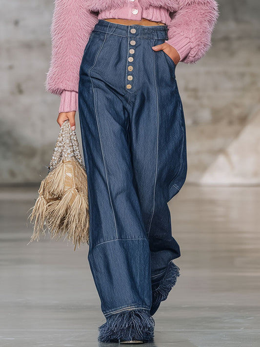 Jean Oversize en Denim Noir avec Franges Vintage