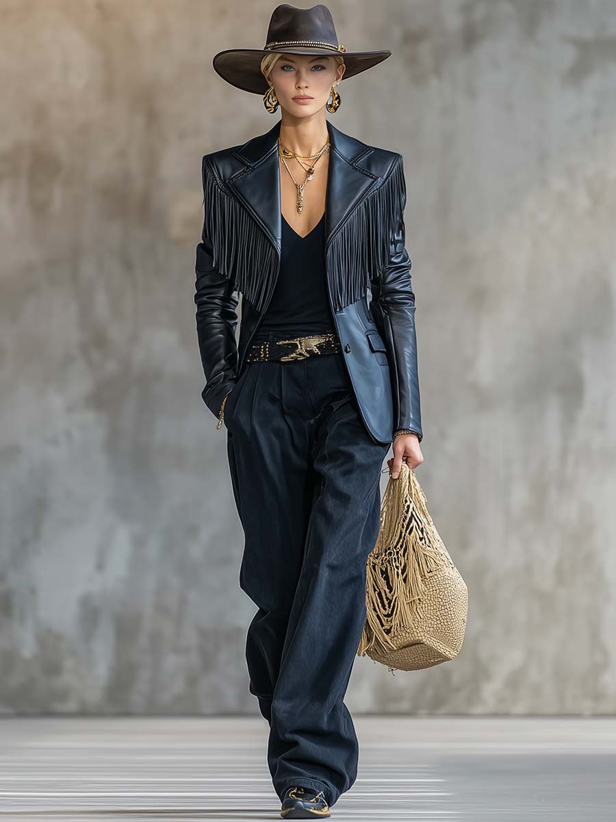 Blazer Noir en Cuir avec Franges Élégantes sur Épaules et Col Vintage