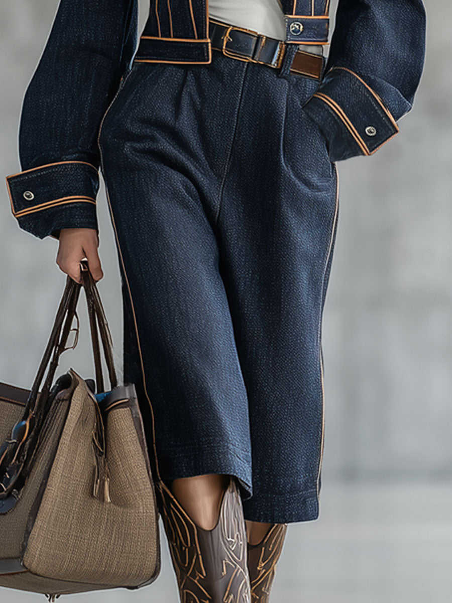 Ensemble Chic : Veste en Jean Navy au Style Rétro et Pantalon Court