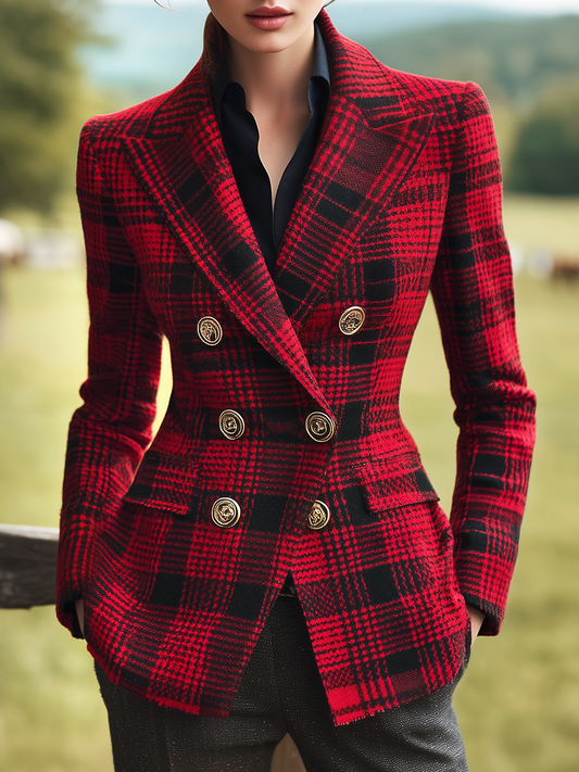 Élégant Blazer Rétro à Carreaux à Double Boutonnage Inspiré du Style Western