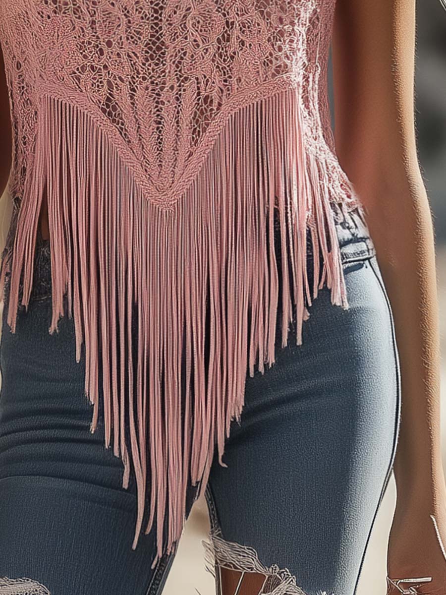 Expédition Rapide en 24 Heures : Top en Dentelle Rose à Franges, Style Western Rétro