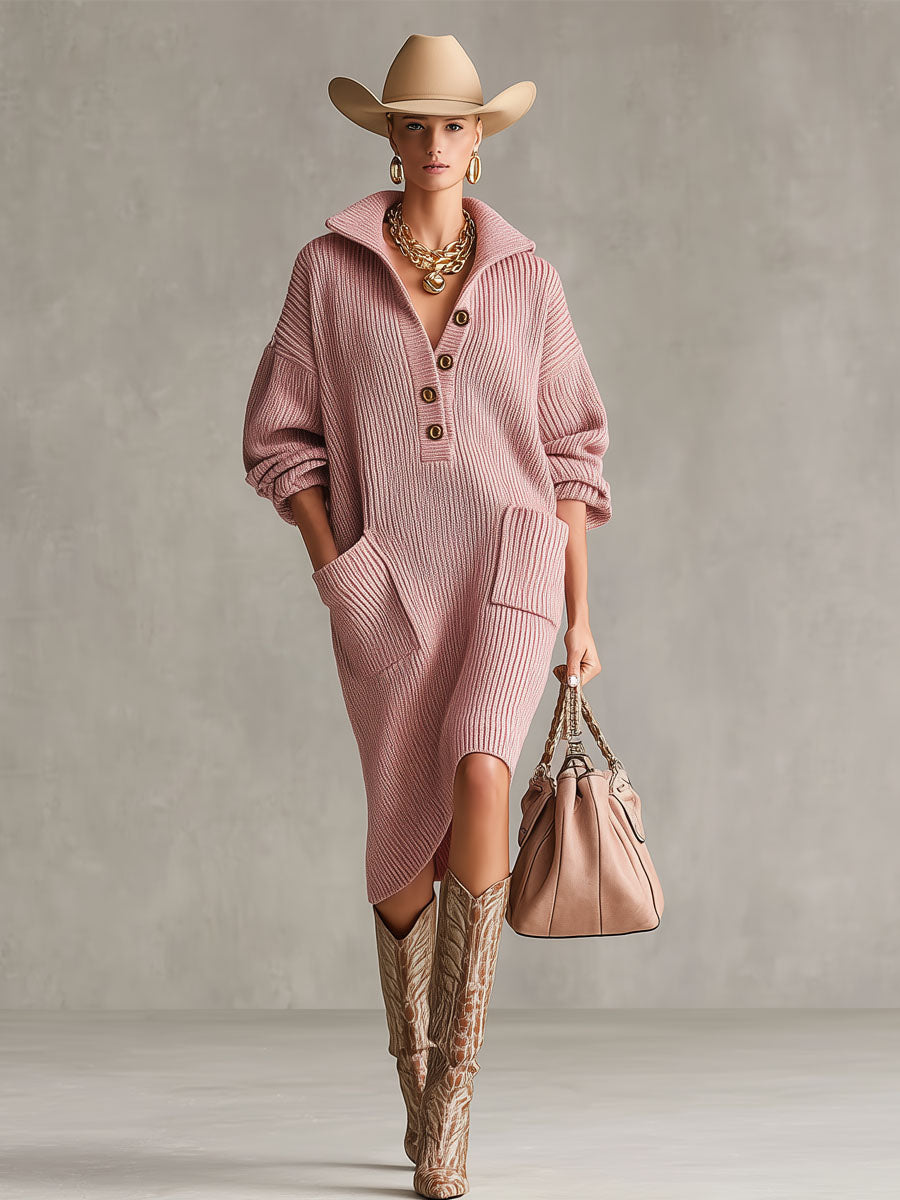 Robe Midi Tricotée à Col Montant, Demi-Ouvert et Poches Pratiques