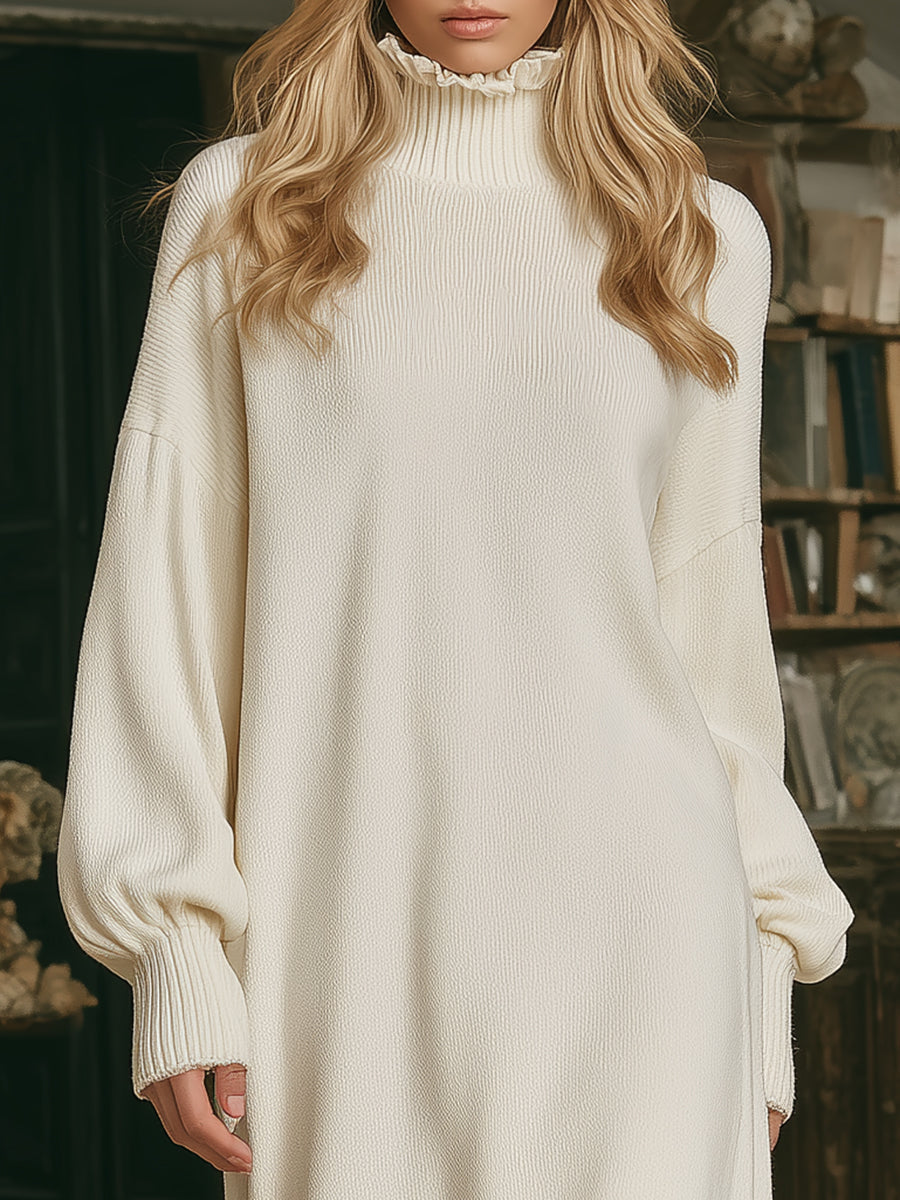 Robe Maxi Tricotée Blanche avec Col en Dentelle de Lotus : Élégance et Romance