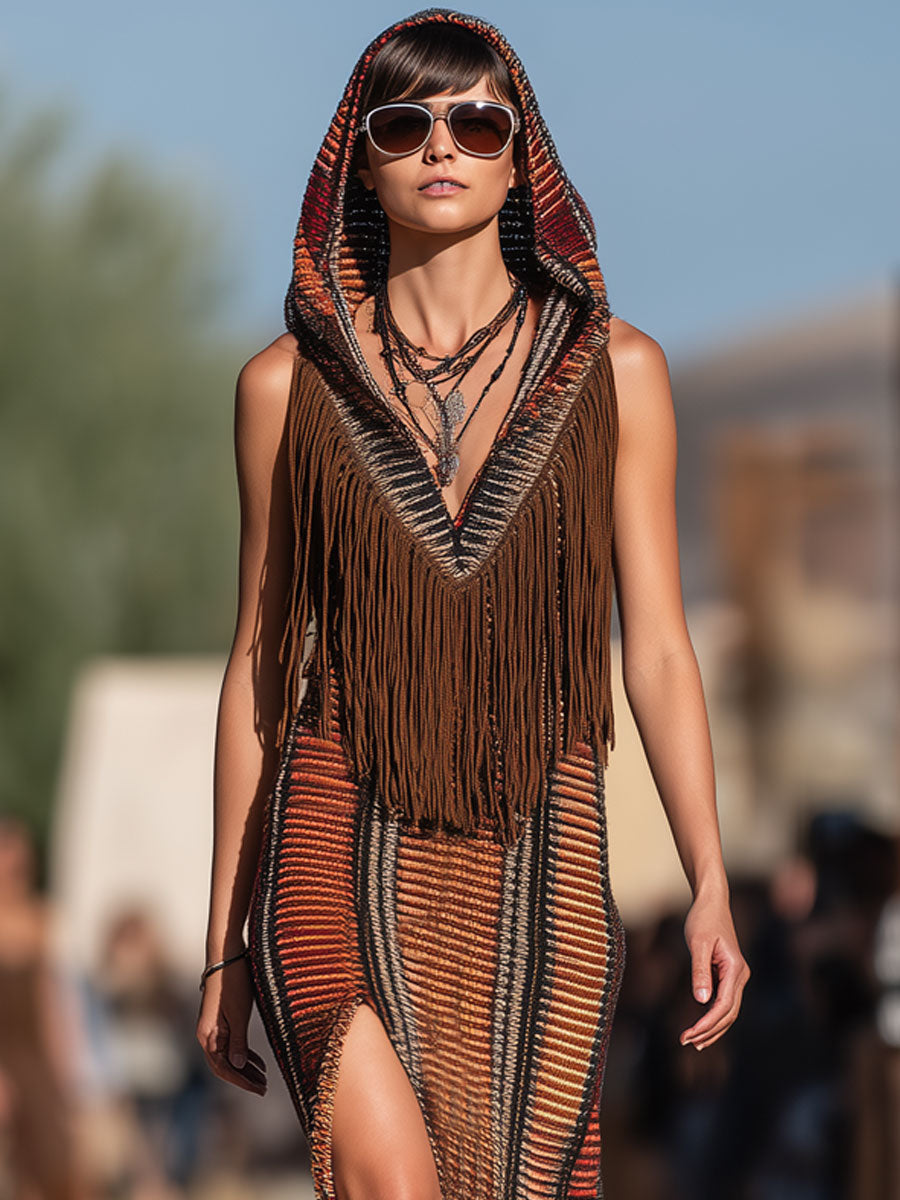 Maxi Robe Tricotée à Franges avec Capuche - Rayures Colorées au Style Western, Expédition en 24 Heures !