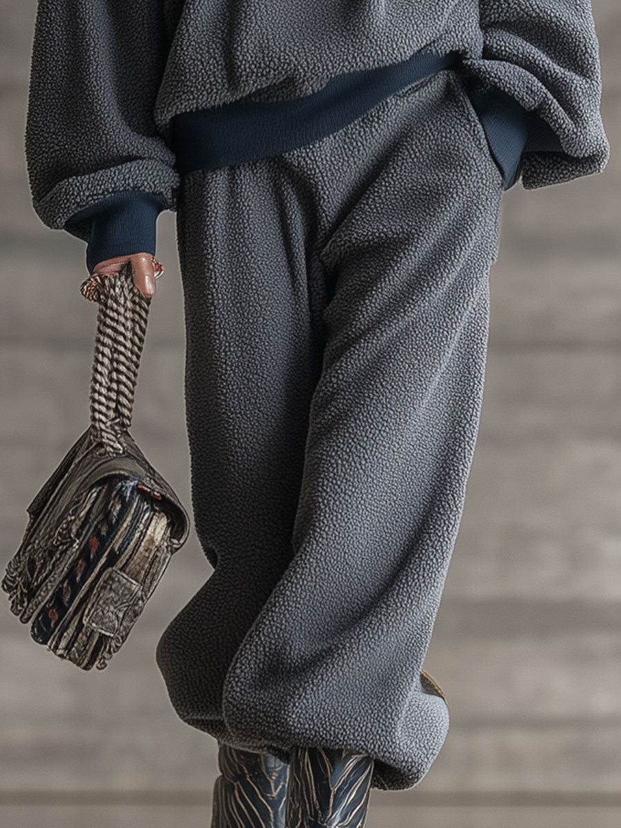 Ensemble Sportif Vintage en Polaire Grise à Demi-Zip