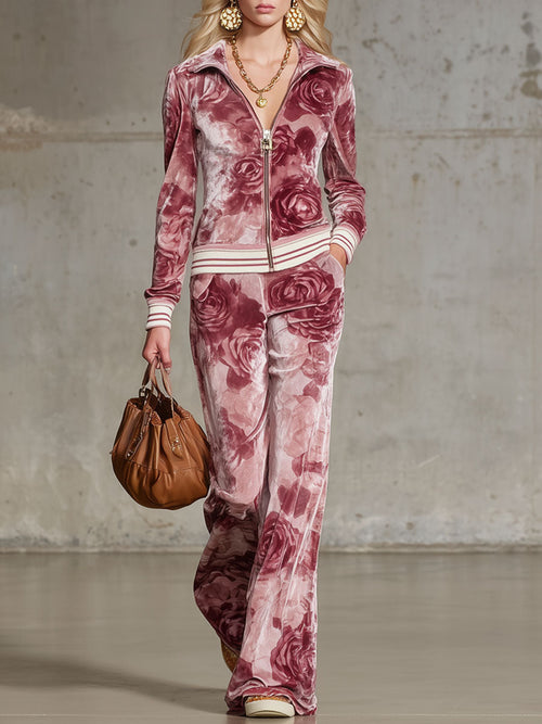 Ensemble Chic en Velours Imprimé Rose : Top à Zip et Pantalon Coordonné