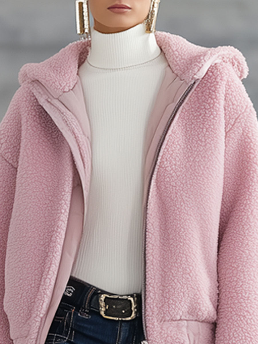 Veste polaire rétro à capuche zippée en rose