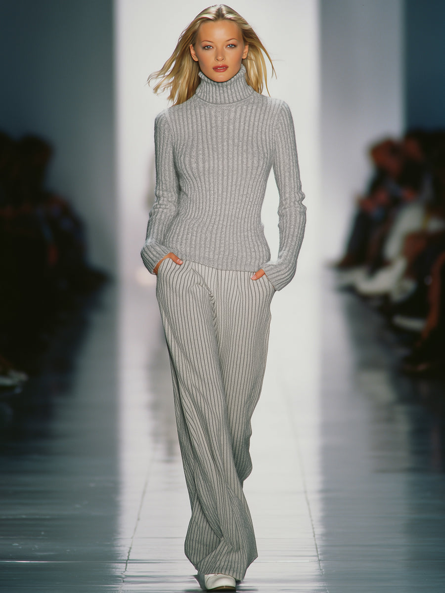 Ensemble Tricoté Chic : Pull Col Roulé Gris Clair et Pantalon Élégant