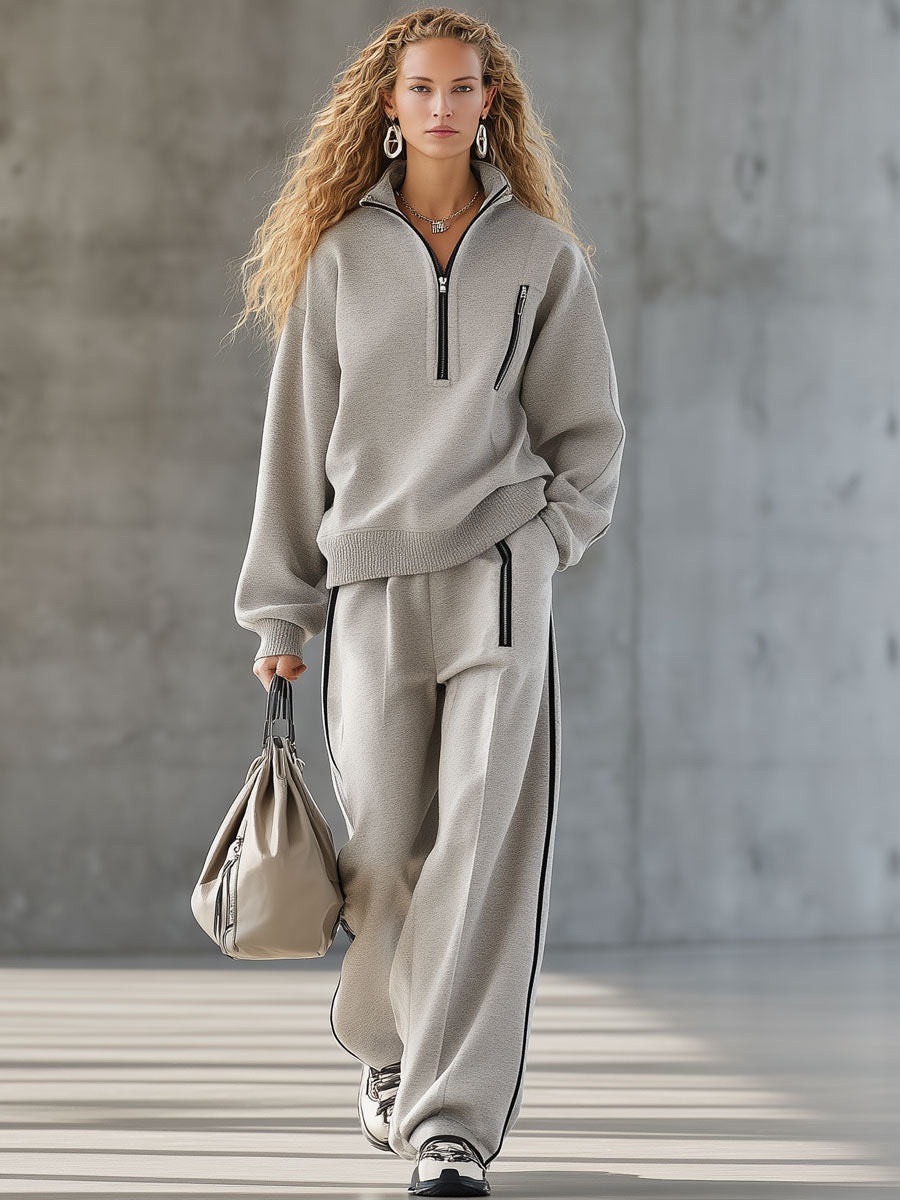 Ensemble Sportif à Zip - Sweatshirt et Pantalon en Gris Clair
