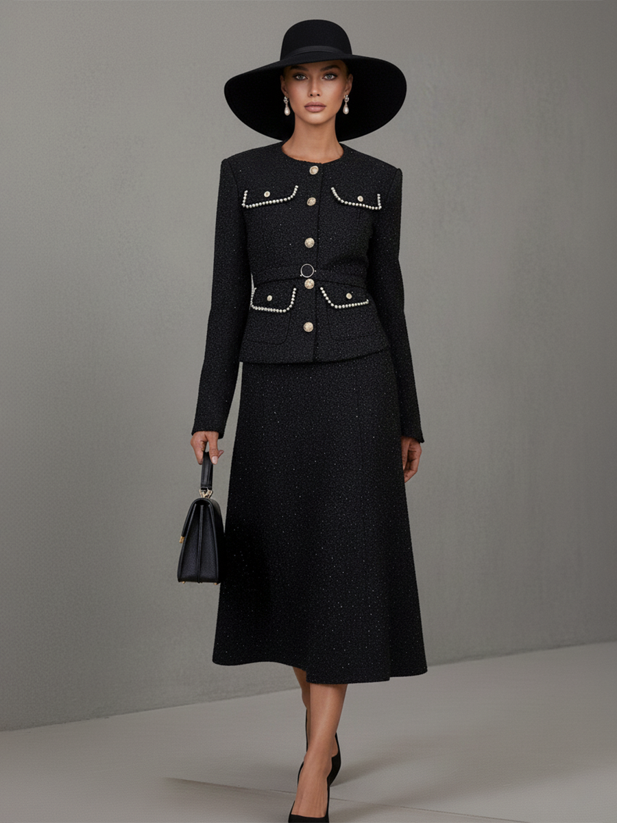 Chic Vintage Tweed Jacket and Long Skirt Set