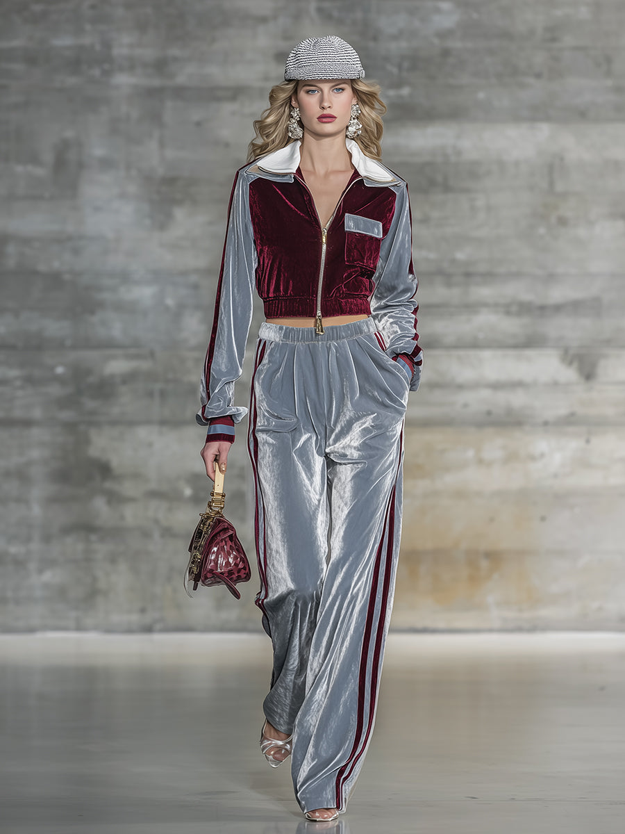 Veste en velours chic à contraste de couleurs avec pantalon à jambes larges tendance
