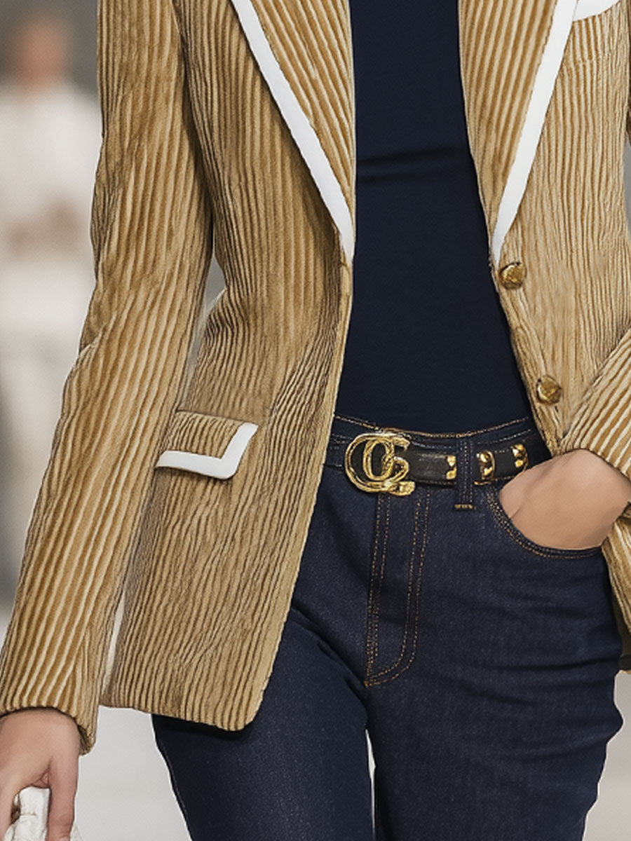 Veste en Velours Rayé à Bord Contrasté Chic