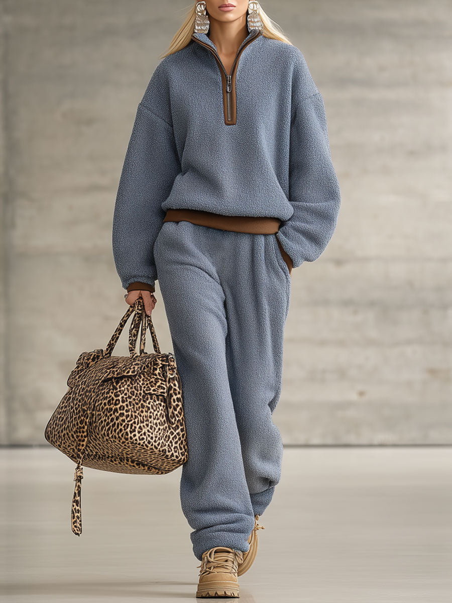 Veste Zippée en Polaire Bleue avec Détails Marron Rétro
