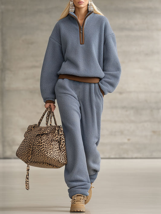 Veste Zippée en Polaire Bleue avec Détails Marron Rétro