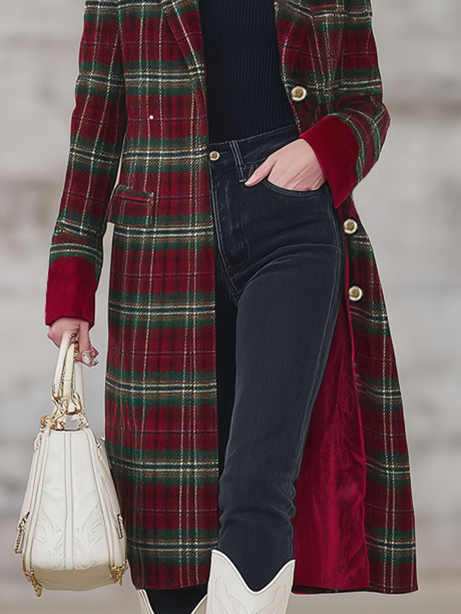 Classique Manteau Tartan Rouge et Vert avec Revers Élégant