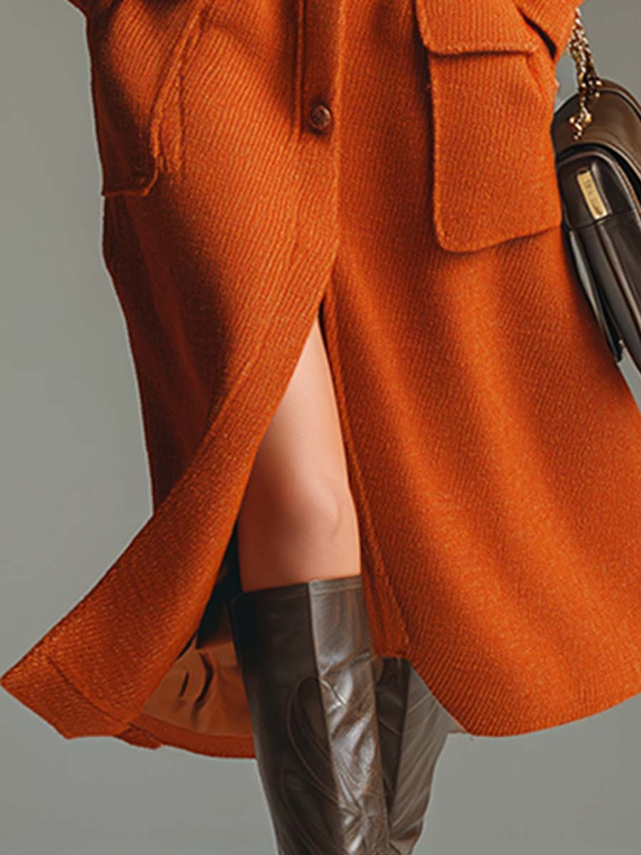 Veste Urbaine Élégante Mi-Longue à Col Montant et Poches Orange