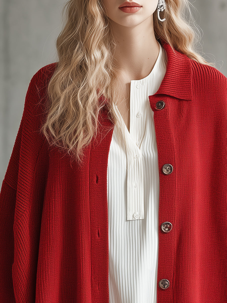 Chic Cardigan Rouge Tricoté avec Col Revers Élégant