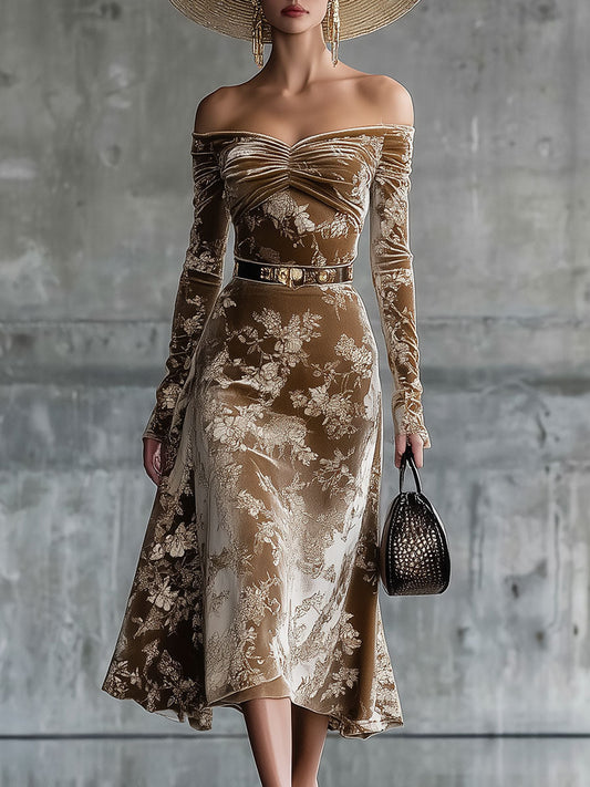 Robe Midi Rétro en Velours Imprimé Caramel