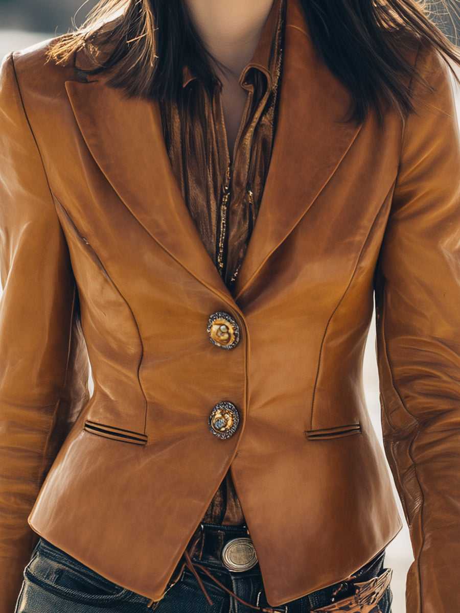 Blazer Marron en Similicuir à Boutons - Style Western