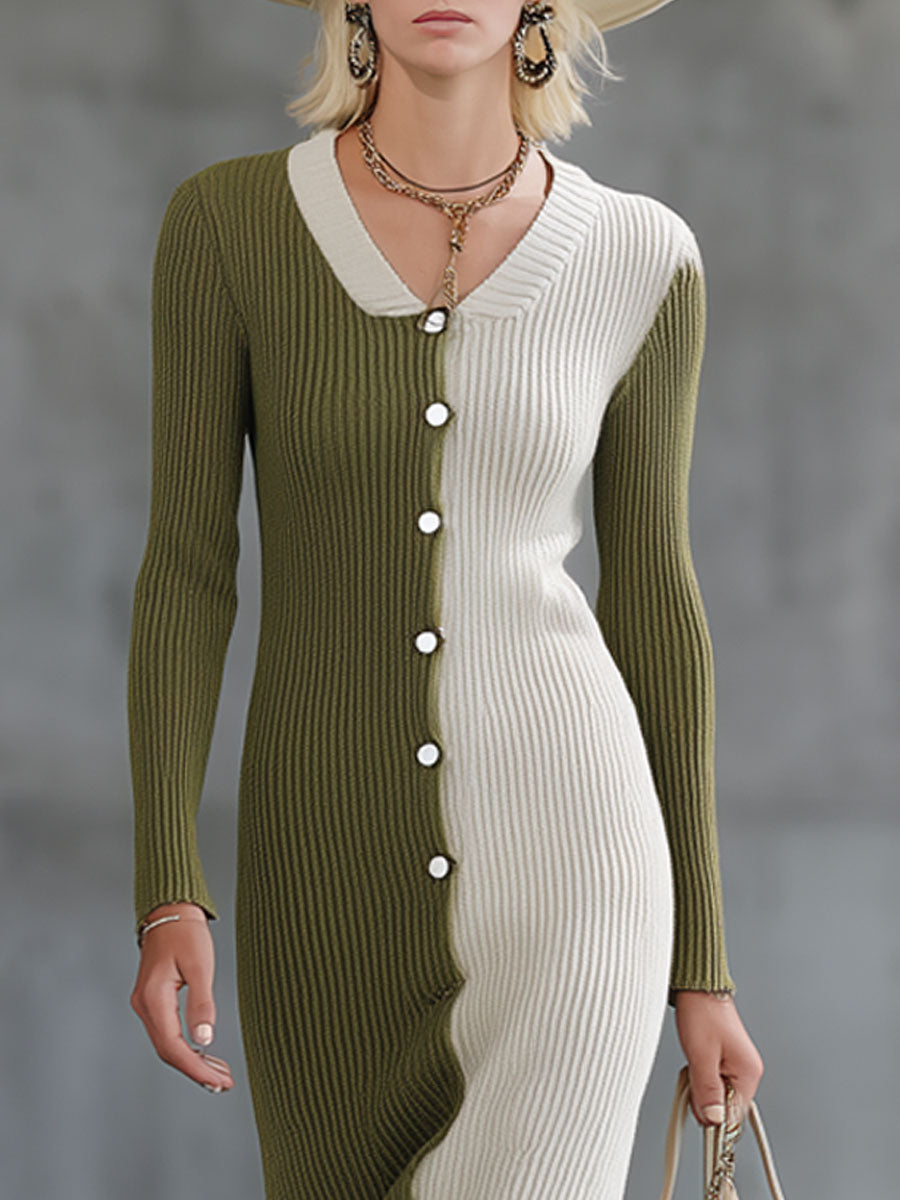 Robe Midi Vintage en Laine Tricotée - Vert Mousse et Blanc