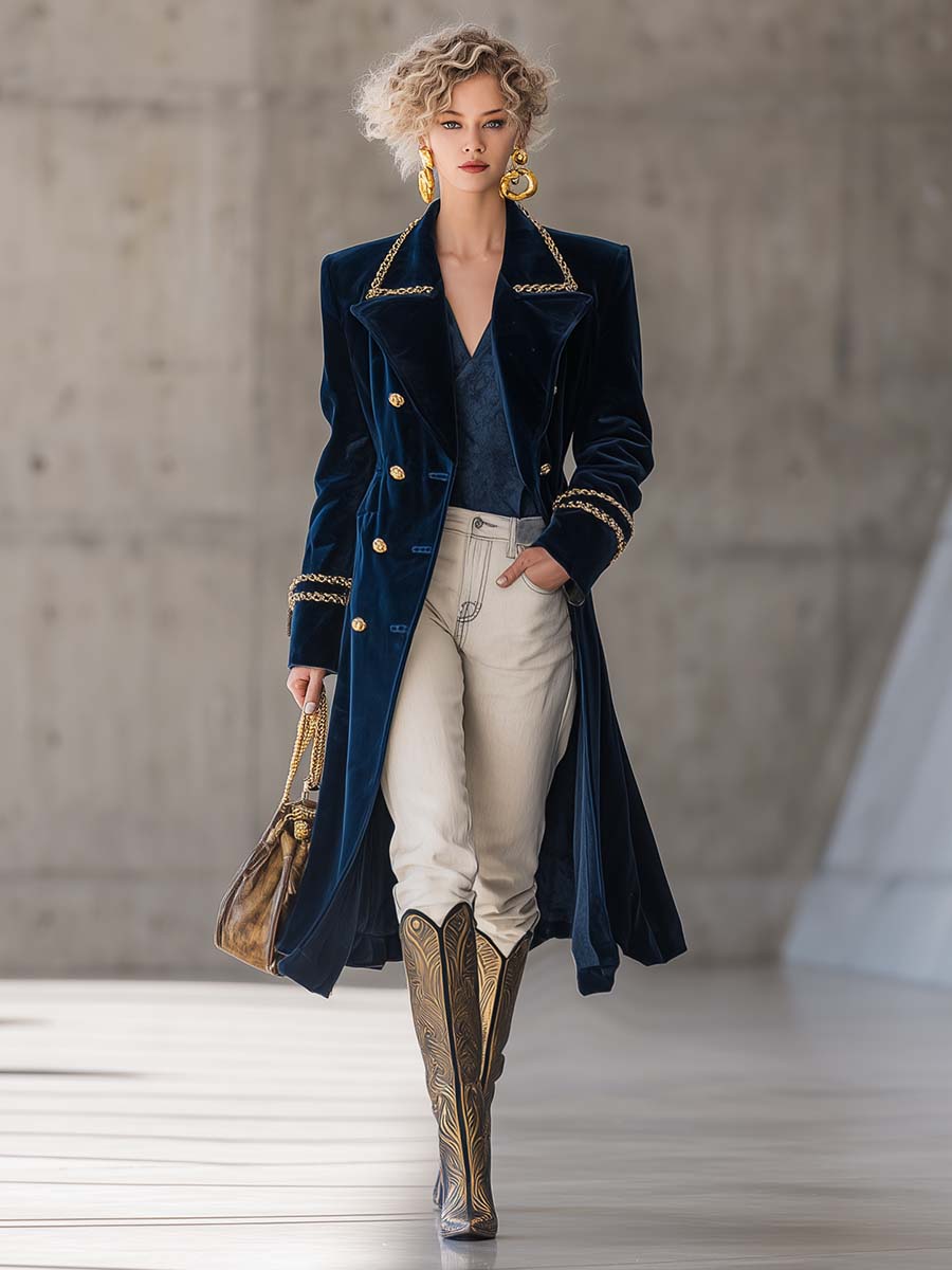 Veste en Velours Bleu Foncé avec Col Métallique et Boutons Dorés - Charme Western Rétro