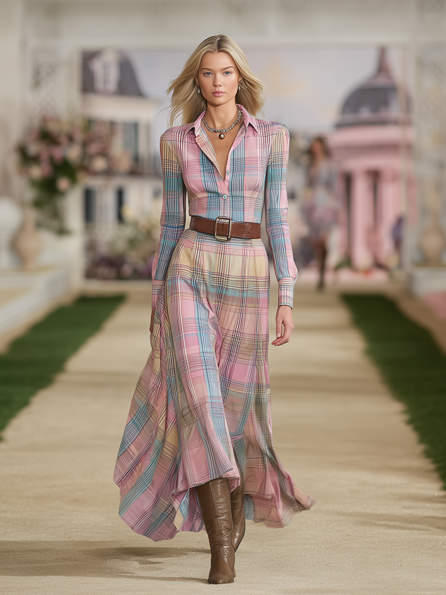 Robe Maxi à Manches Longues en Plaid Western Vintage