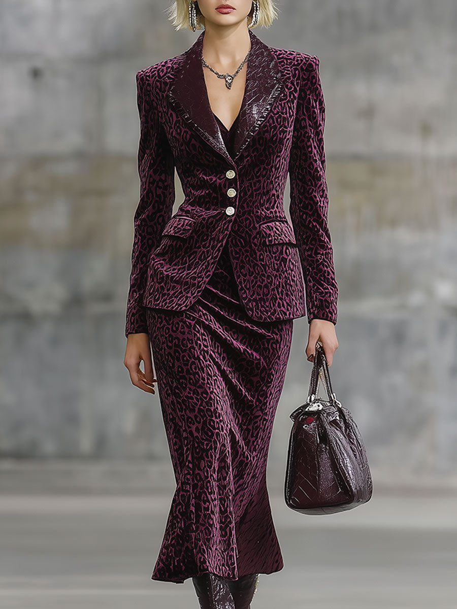 Jupe Midi en Similicuir avec Imprimé Léopard Violet Vintage et Détails en Velours
