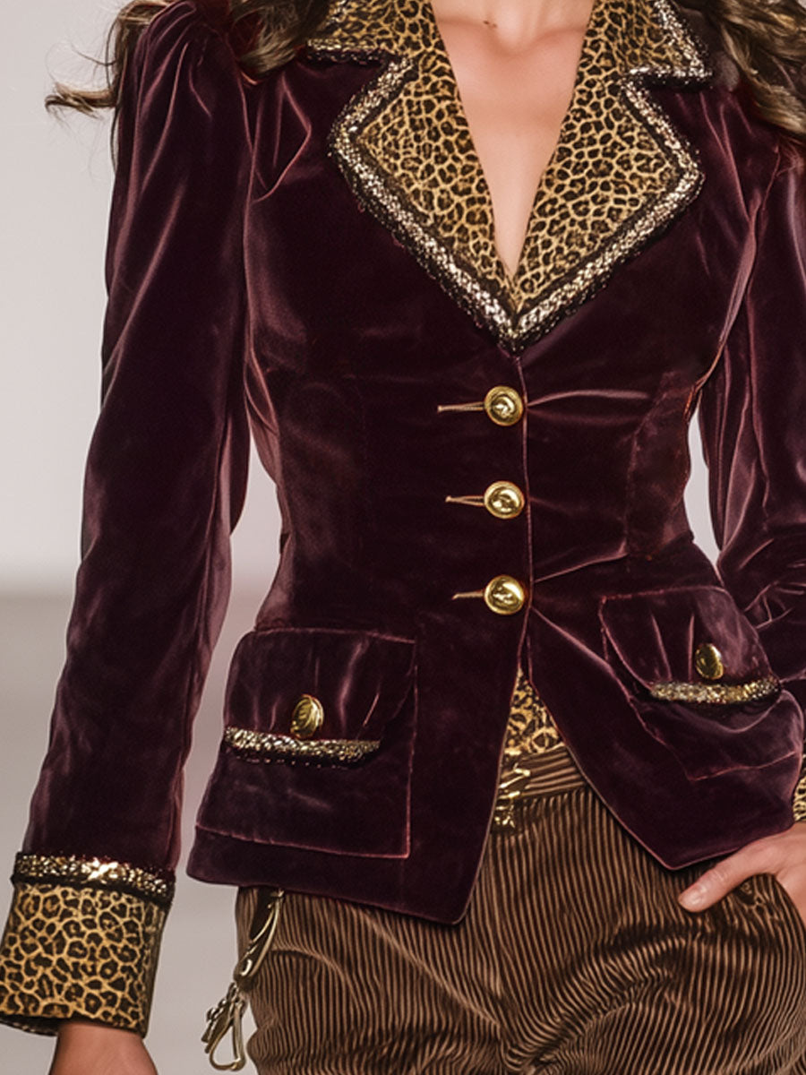 Veste en velours rétro à imprimé léopard avec boutonnage simple