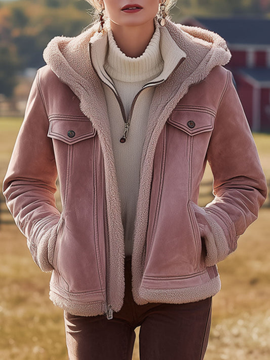 Veste à Capuche en Suédine Rose Vintage Style Western, Doublée en Fleece