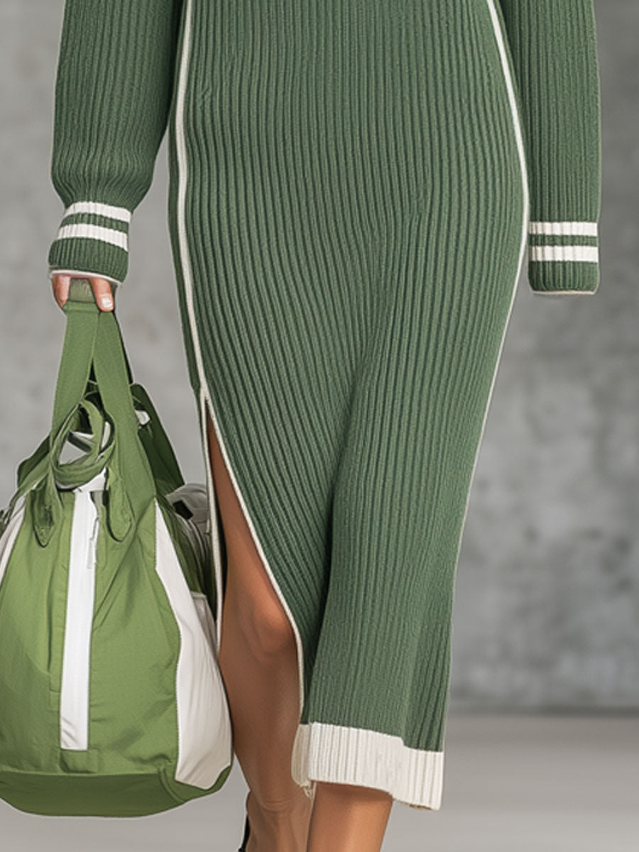 Robe Midi Tricotée Verte avec Fente et Détails Blancs : Élégance Décontractée
