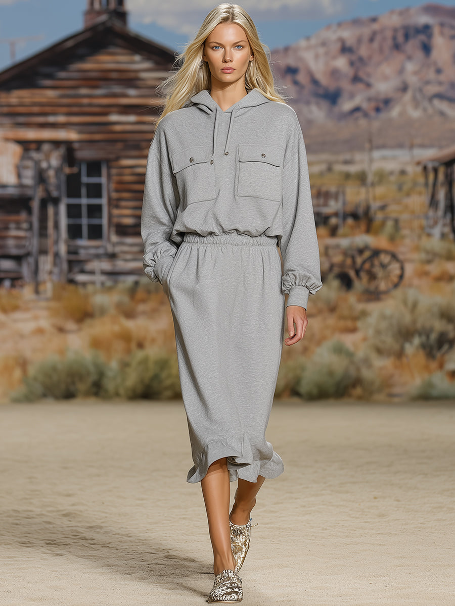 Décontracté : Robe Midi à Capuche en Gris Clair