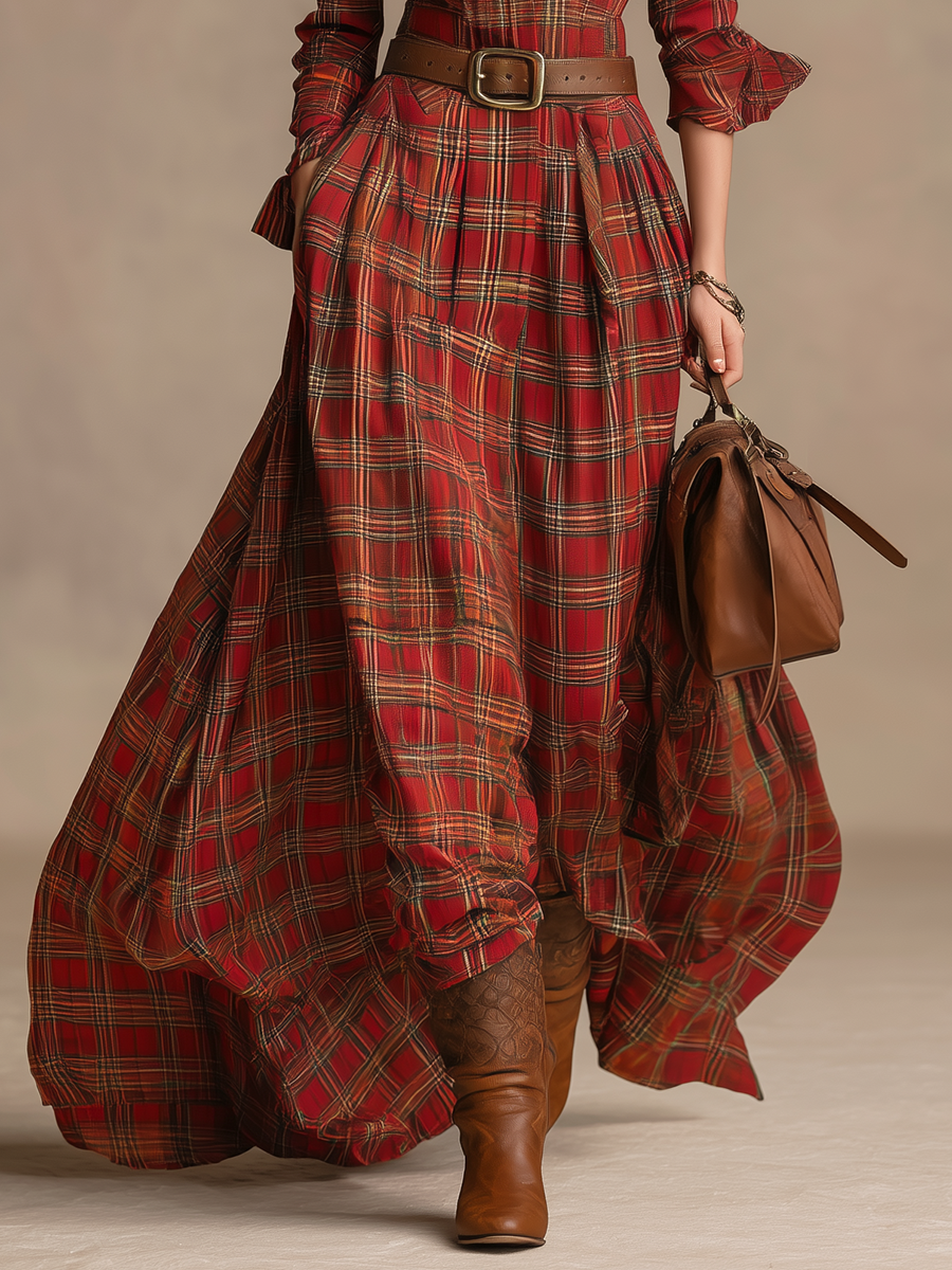 Robe Maxi Vintage à Manches Longues à Motif Carreaux avec Col Élégant