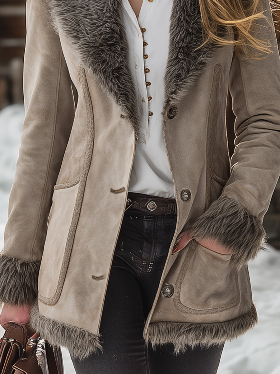 Veste Vintage en Kaki Faux Suède avec Doublure en Peluche Chaleureuse