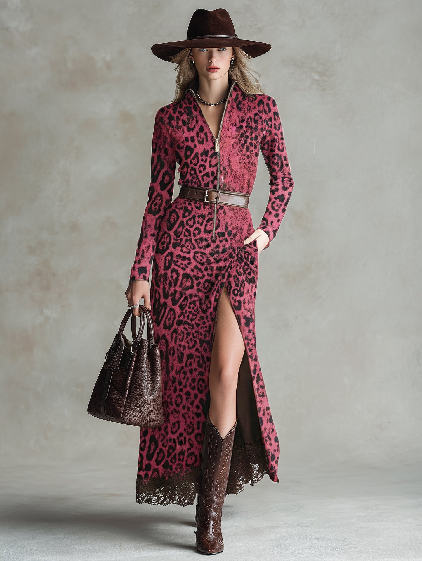 Robe Maxi en Suédine Imprimé Léopard Rose avec Ourlet en Dentelle Vintage Style Western