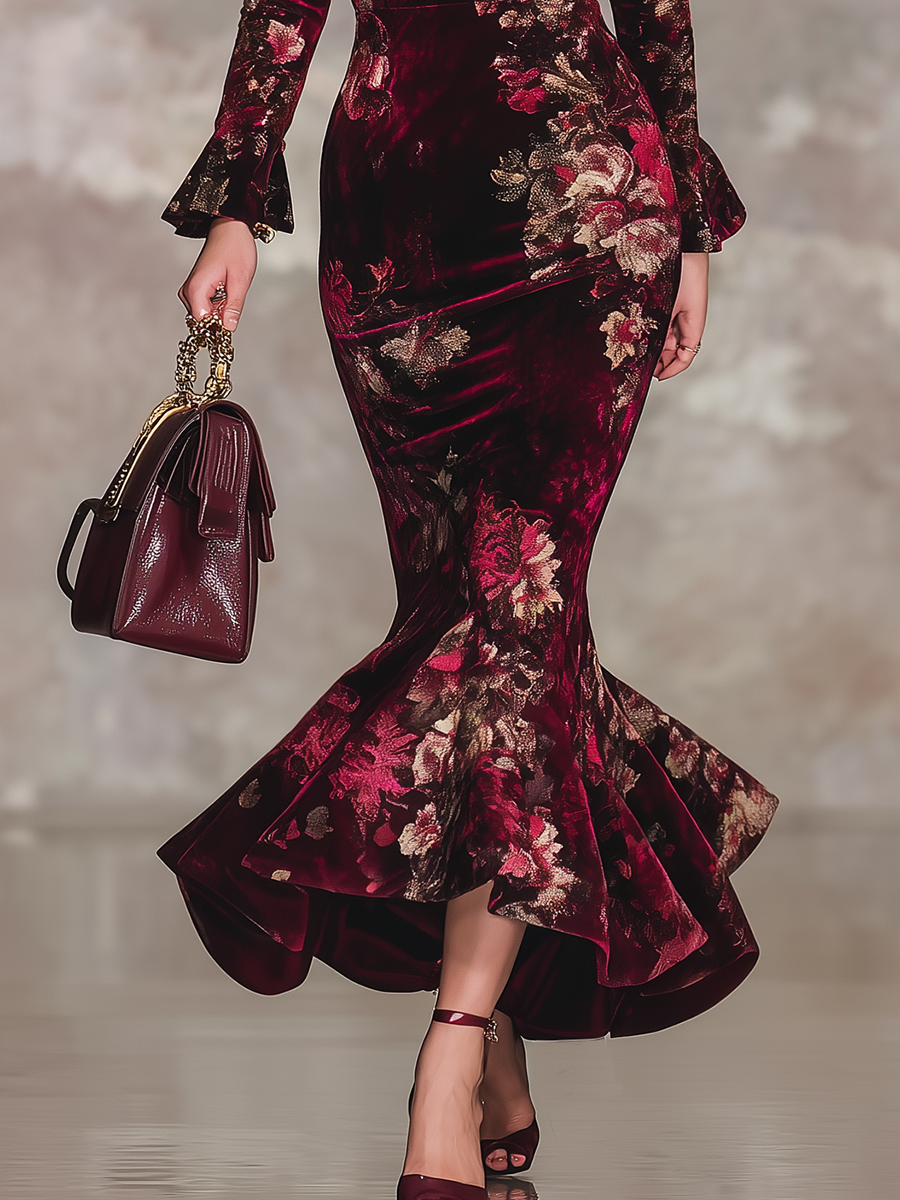 Robe Maxi en Velours Floral avec Décolleté en V et Manches Longues à Volants