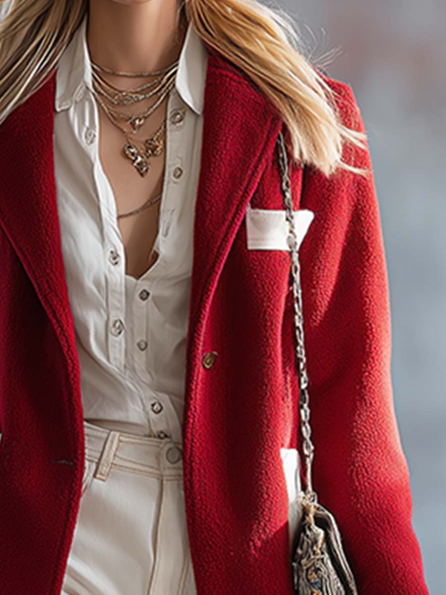 Chic Manteau Mi-Long en Polaire Rouge Éclatant pour un Style Urbain