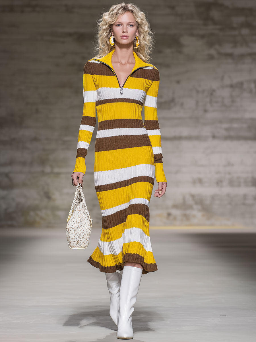 Robe Midi Tricotée Rayée au Style Rétro avec Mi-Fermeture Éclair
