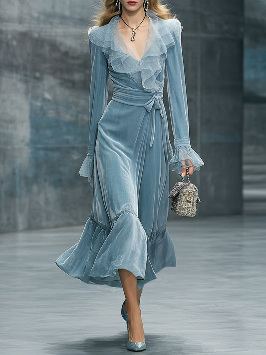 Maxi Robe en Velours Bleu Clair avec Col Rétro en Gaze