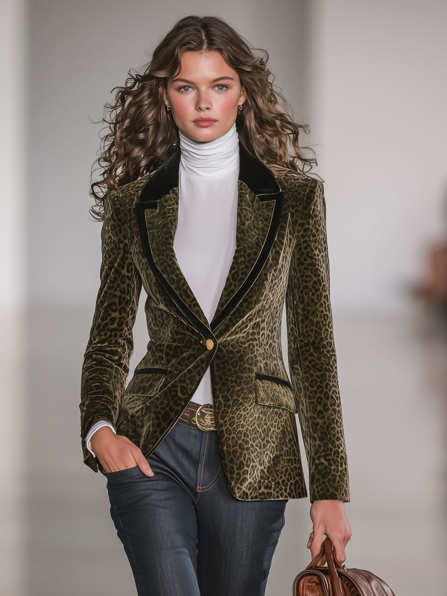 Blazer Velours Rétro à Imprimé Léopard avec Détails Contrastants
