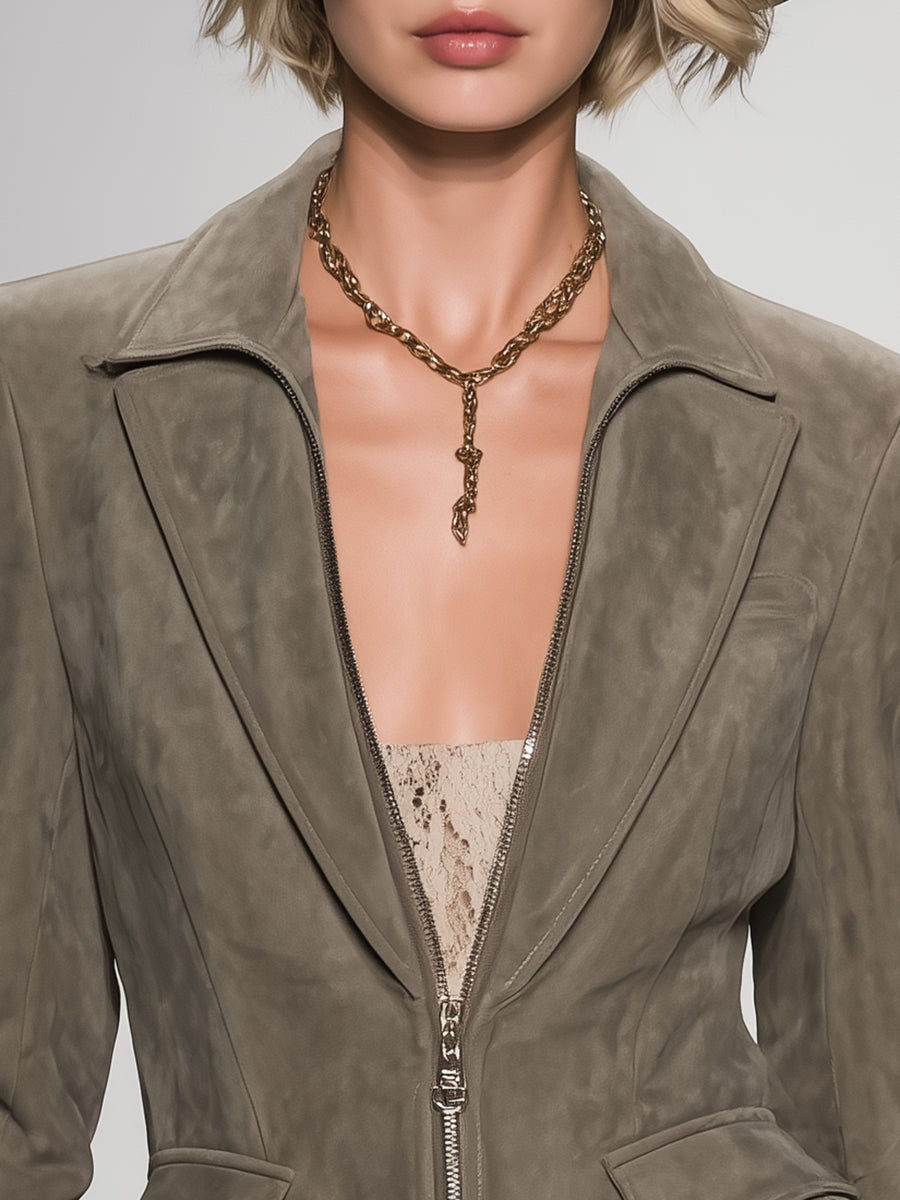 Élégante Veste Grise Zippée avec Col Volant Vintage