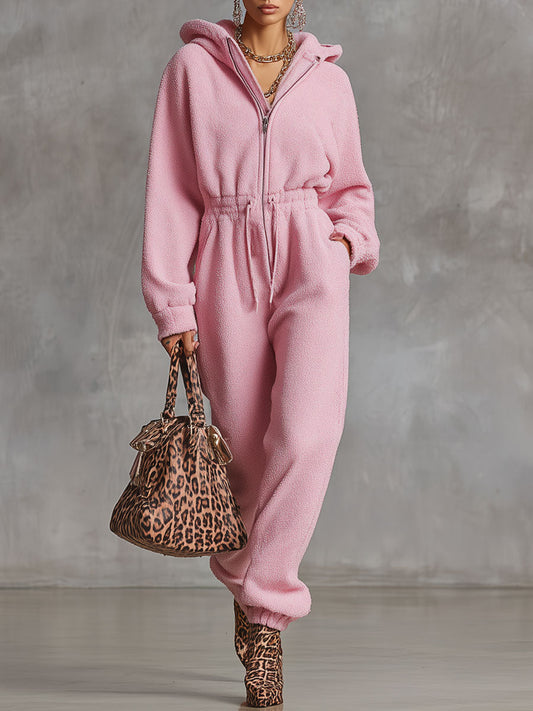 Combinaison Rétro en Polaire Rose avec Capuche