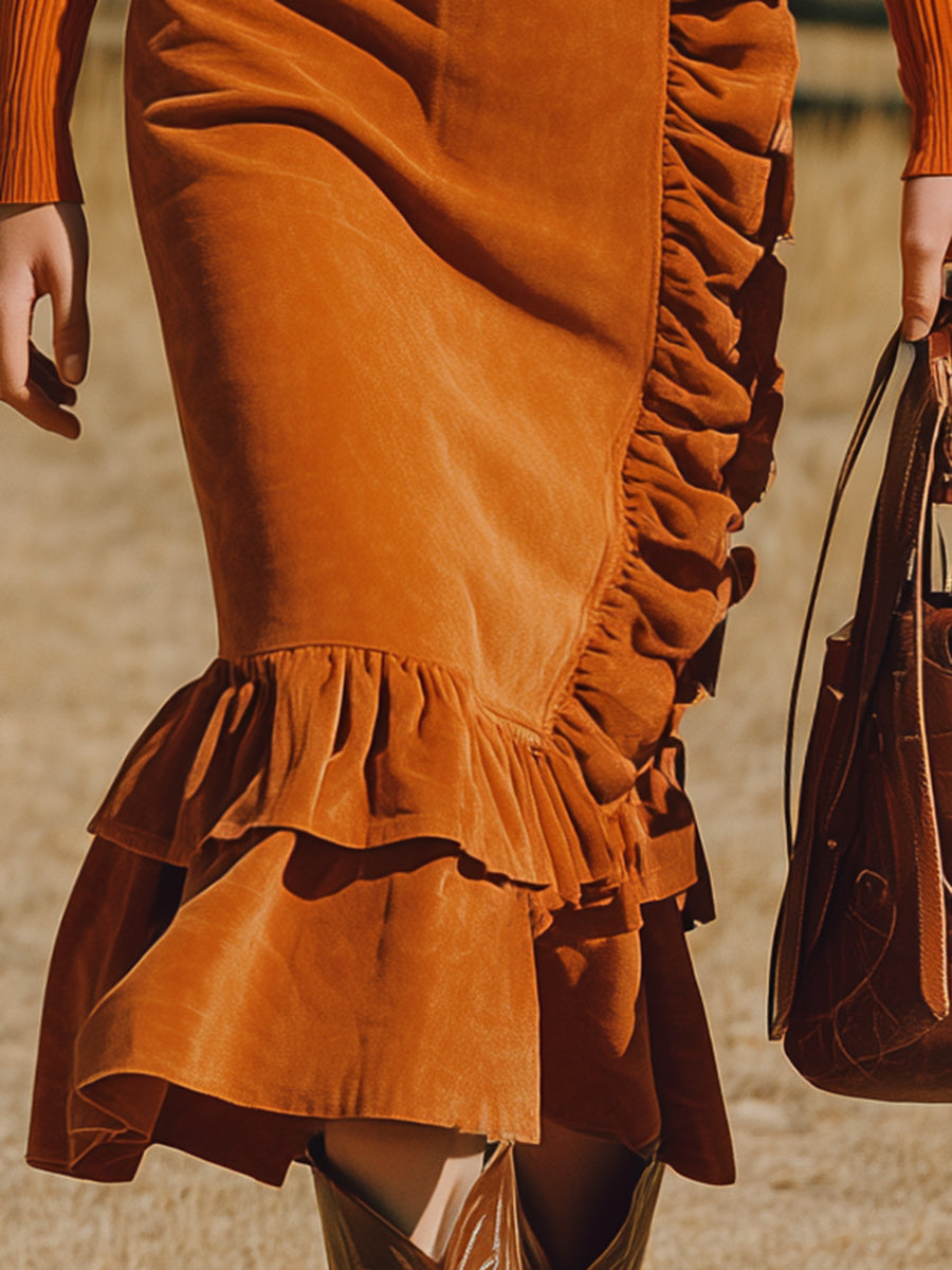 Jupe en Suédine Orange à Volants – Chic Rétro Western