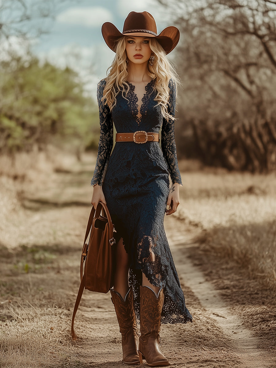 Robe Bohémienne Vintage en Dentelle Bleue à Manches Longues - Élégance Midi