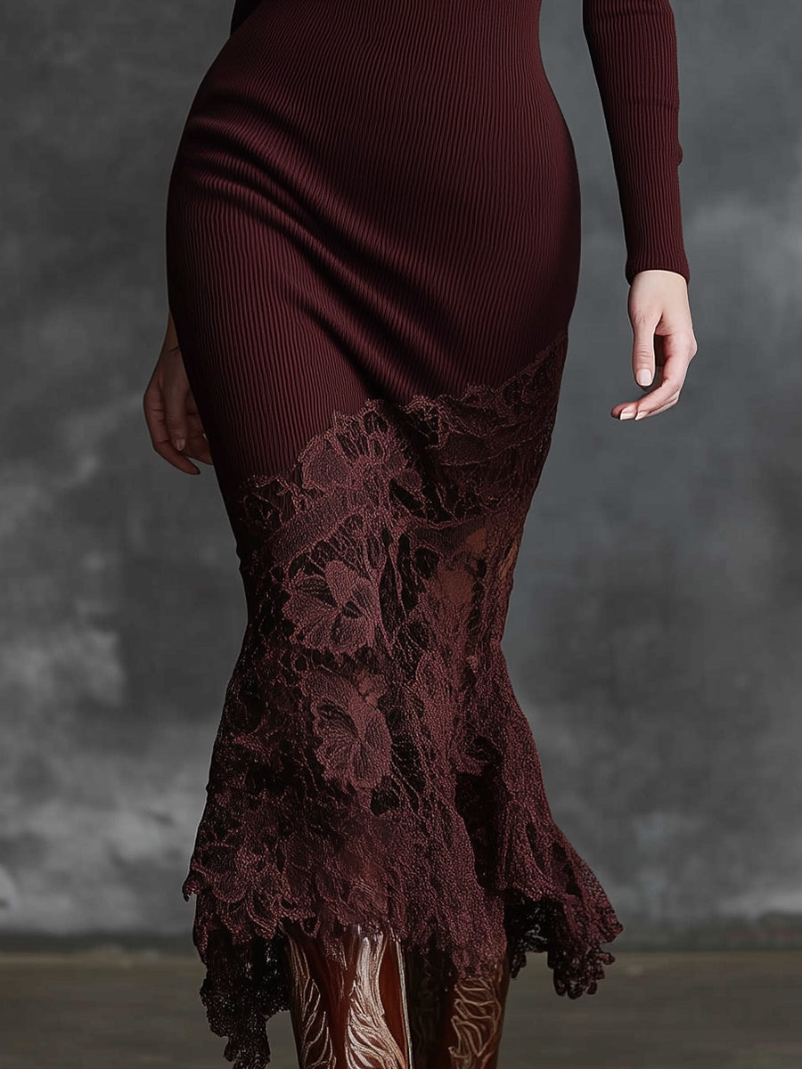 Maxi Robe Tricotée Bordeaux avec Col Montant et Ourlet en Dentelle Élégante