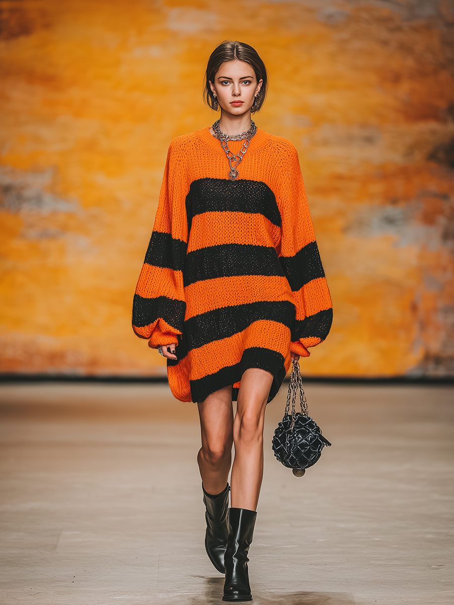 Robe Vintage en Tricot à Col Rond avec Manches Lanternes et Rayures Contrastées