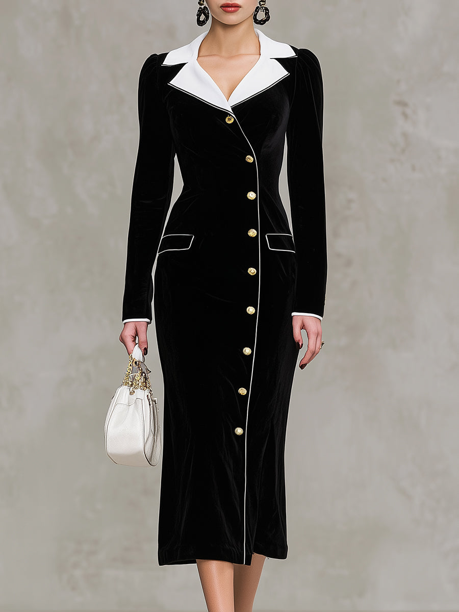 Maxi Velour Robe Noir avec Col Blanc Élégant et Détails Contrastants