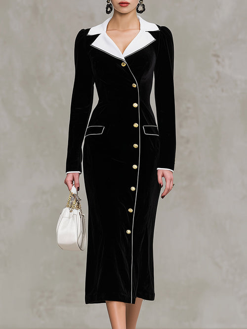 Maxi Velour Robe Noir avec Col Blanc Élégant et Détails Contrastants