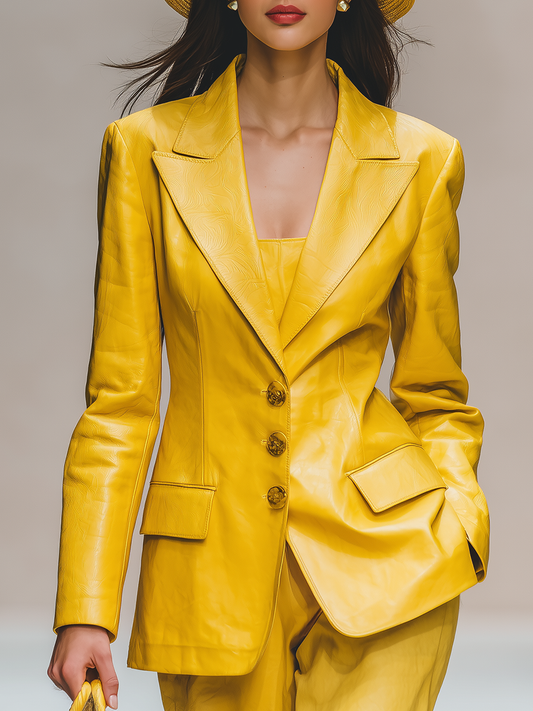 Veste Vintage en Similicuir à Bouton Unique - Élégance Unicolore