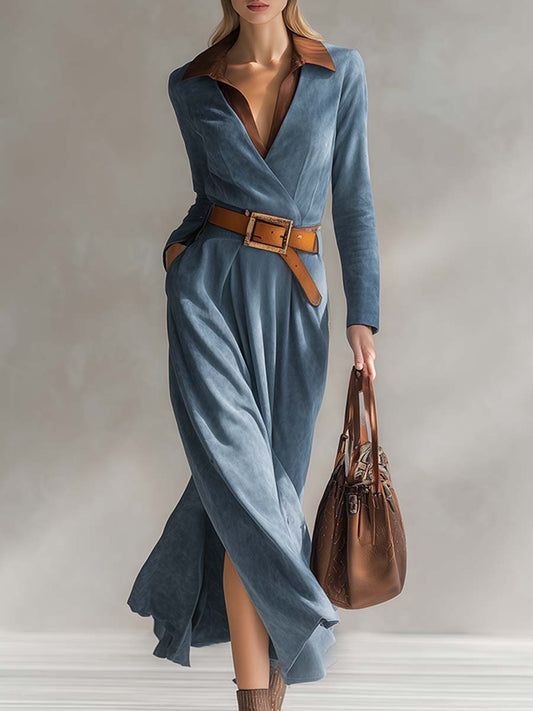 Robe Maxi en Faux Suède Bleu avec Col Western Chic